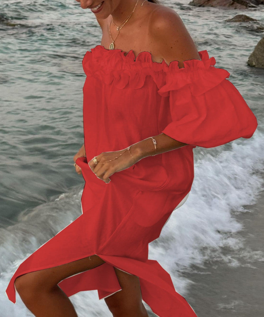 Robe maxi femme Valentina, parfaite pour les vacances d'été, style bohème chic, épaules dénudées et volants.