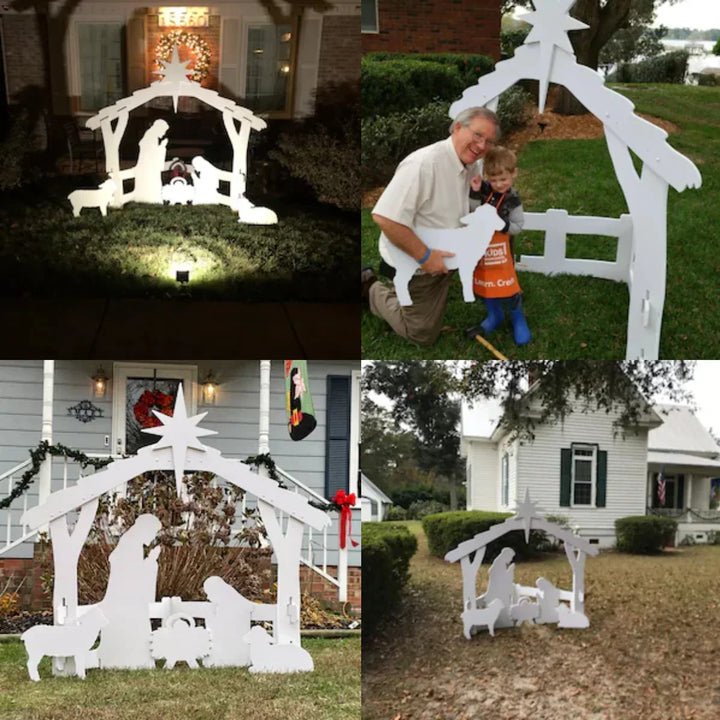 Crèche de Noël extérieure robuste, conçue pour résister aux intempéries. Idéale pour une décoration de jardin durable.