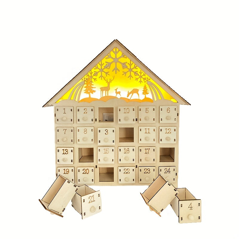 Superbe calendrier de l'Avent maison lumineuse. Décoration de Noël festive en bois, parfait cadeau familial.