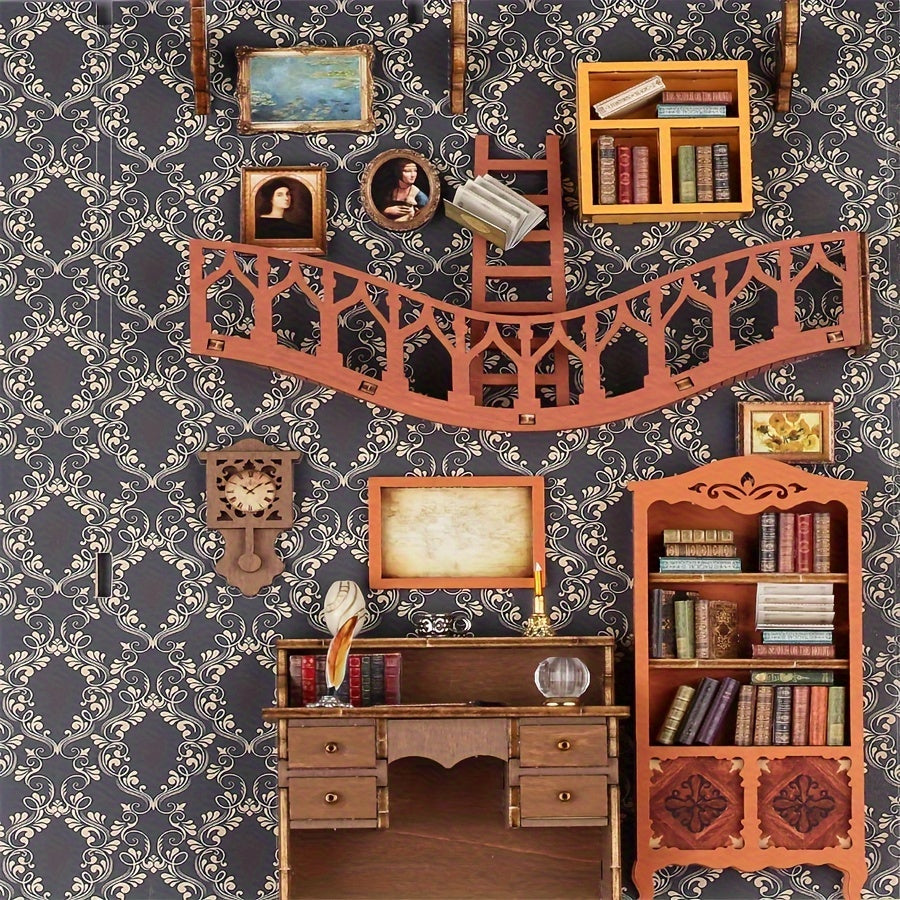 Vue d'ensemble de la Maison de Livres Magique, puzzle 3D en bois assemblé. Objet de décoration enchanteur.