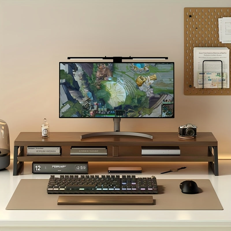 Organiseur de bureau moderne avec rangement intégré sous l'écran, idéal pour gain d'espace et organisation.