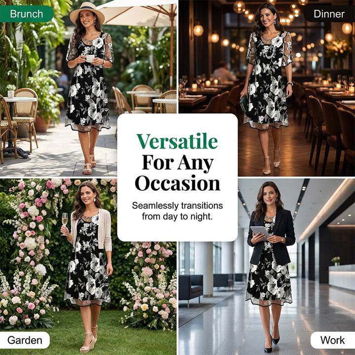 Robe femme fluide élégante à motif floral, idéale pour les occasions spéciales ou tenues de jour.