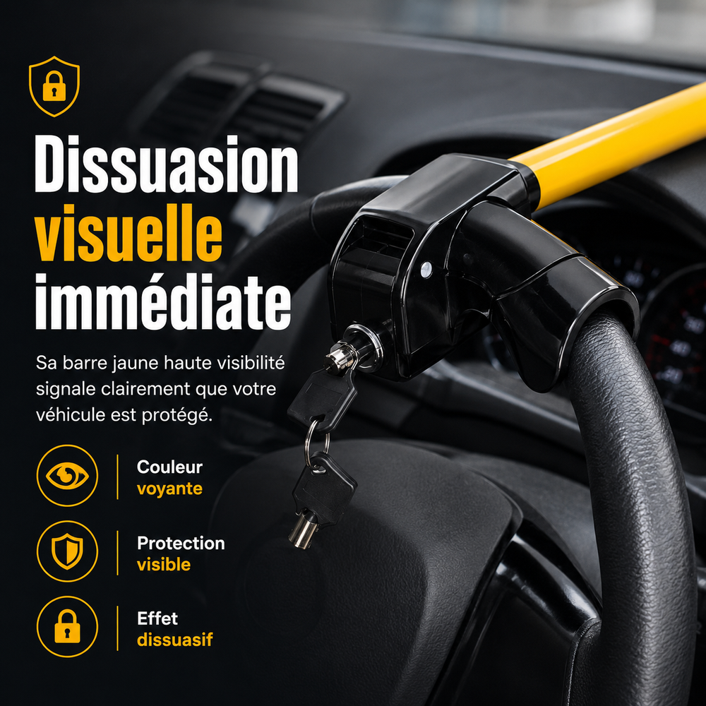 Protection robuste antivol pour volant de voiture, mécanisme de sécurité fiable et visible.