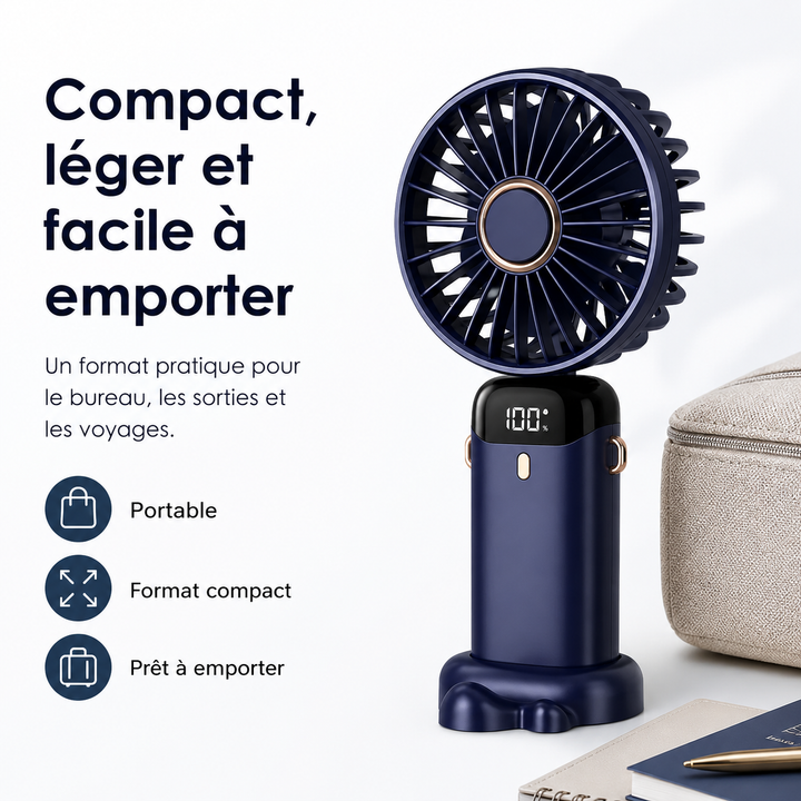 Ventilateur portable USB rechargeable 5000mAh, offrant une fraîcheur instantanée pour l'été et les voyages.