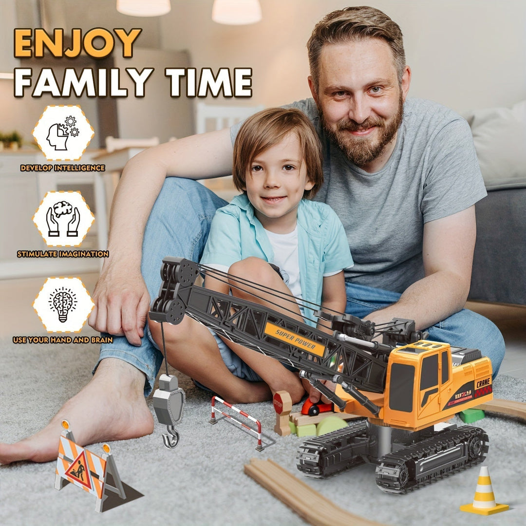 Vue d'ensemble de la grue télécommandée MegaLift RC avec crochet, prête à construire, jeu créatif pour enfant.