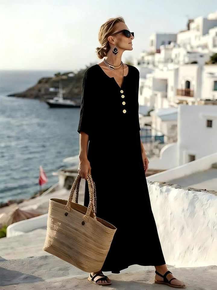 Superbe robe chic en lin et coton pour femme, boutonnée, manches 3/4. Idéale pour un look casual élégant.