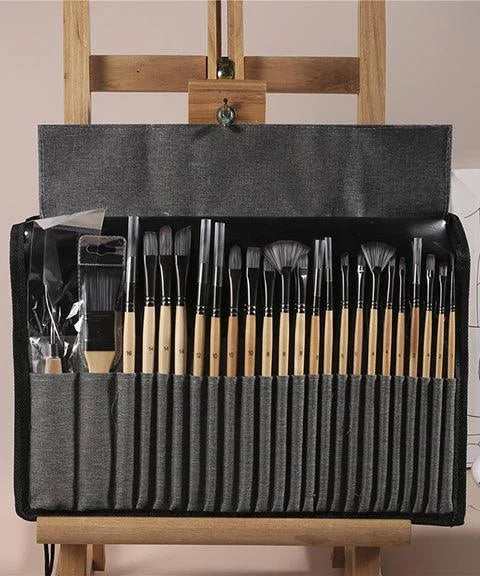 Kit créatif de 24 pinceaux polyvalents en nylon et bois pour aquarelle, huile et acrylique. Peinture d'art.