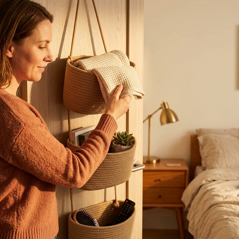 Panier organiseur mural ivoire à 3 niveaux pour porte, idéal rangement chambre ou salle de bain.