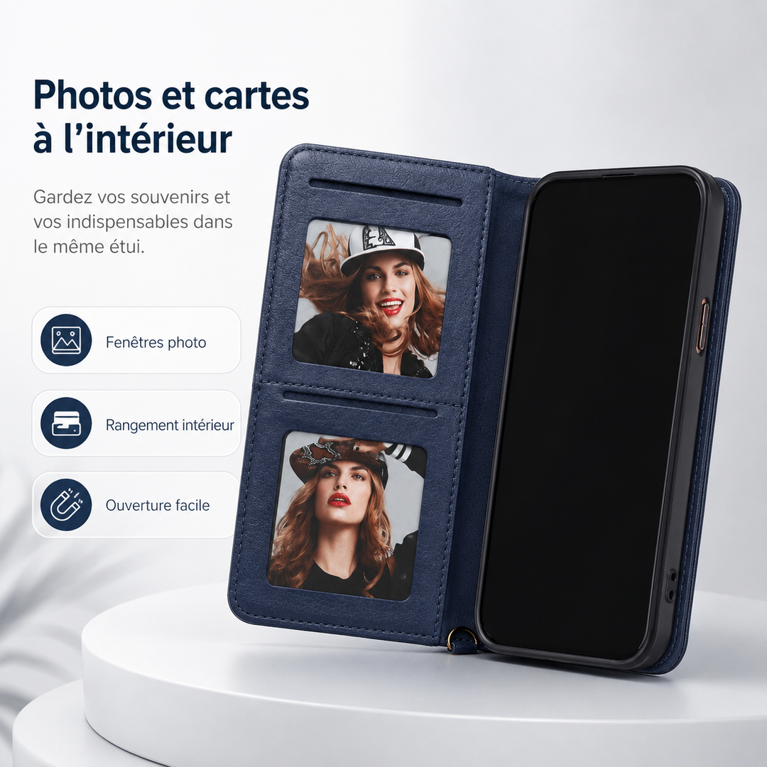 Étui en cuir de haute qualité pour iPhone, avec fonction portefeuille et aimant.
