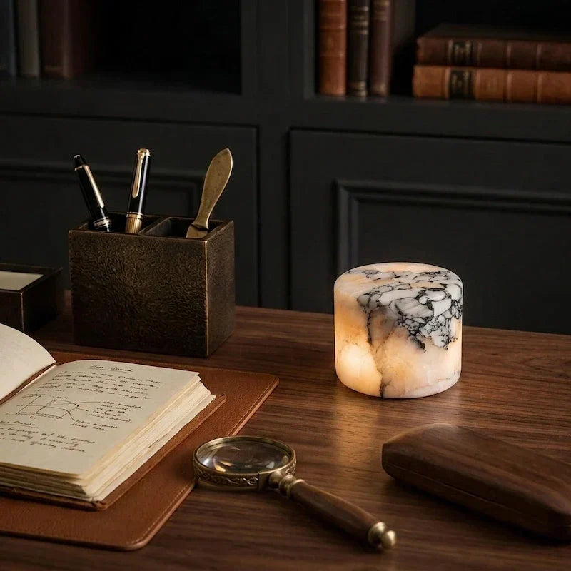 Élégante lampe de table en marbre blanc, lumière d'ambiance réglable par fonction tactile. Sans fil.