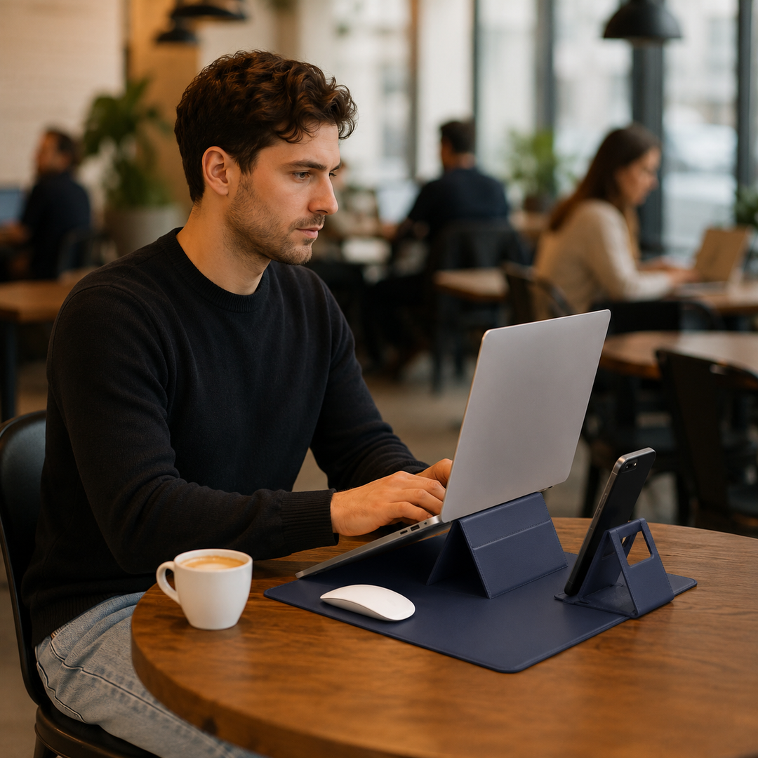 Accessoire 2-en-1 pour ordinateur : housse protectrice et support portable ajustable pour un confort optimal et ergonomique.