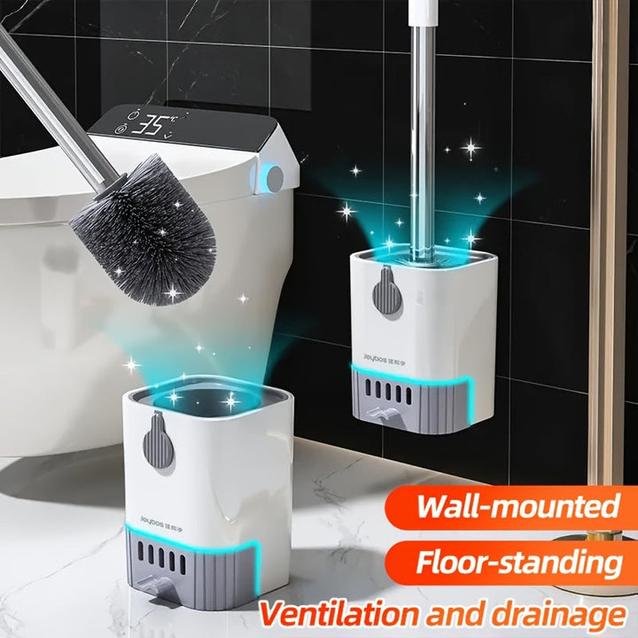 Accessoire salle de bain: brosse de toilette grise long manche, support WC autoportant sans perçage.