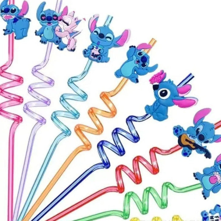 Lot de 16 pailles réutilisables Stitch multicolores, parfaites pour les anniversaires et célébrations enfantines.