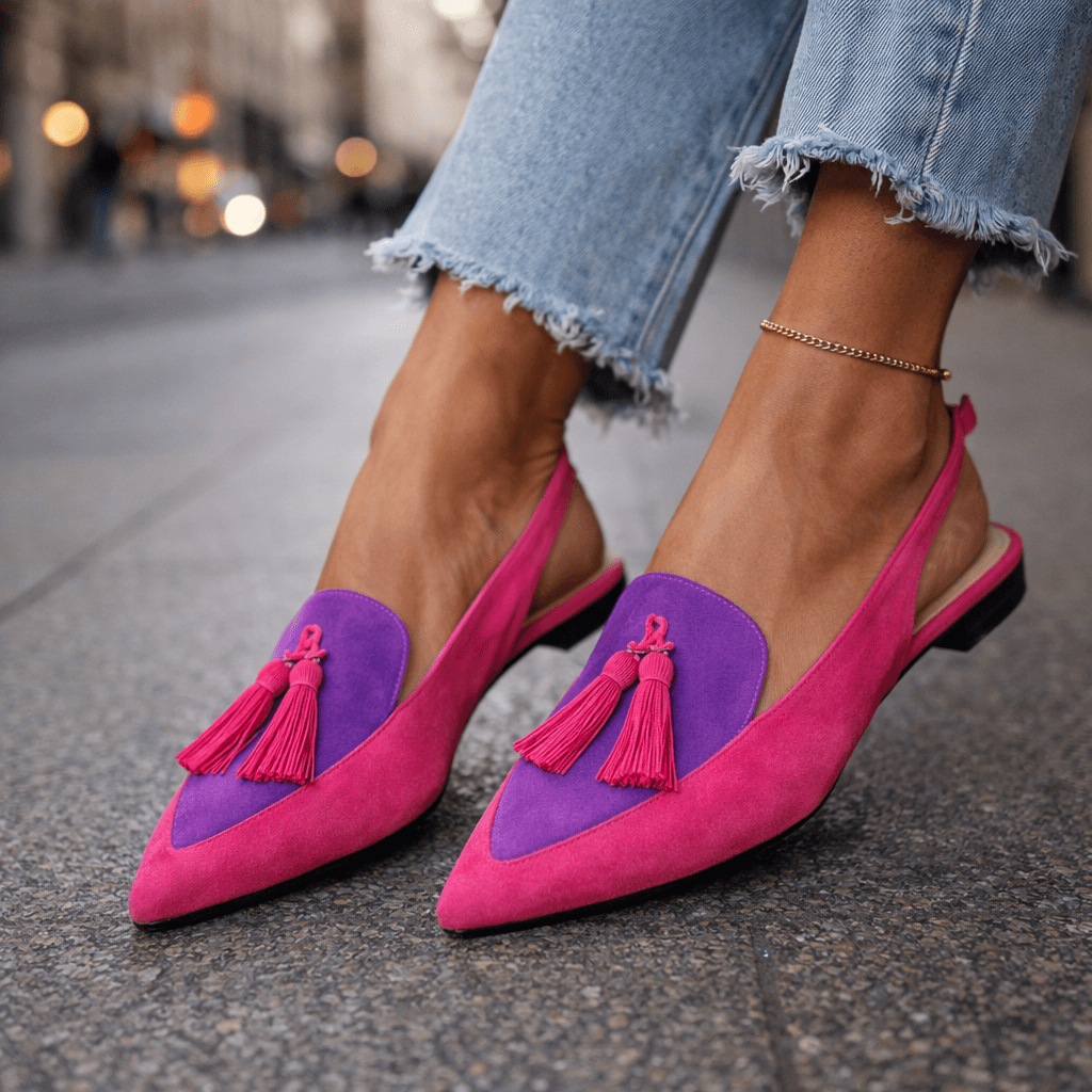 Mules femme mode et tendance, bicolores avec pompons décoratifs, idéales pour un look moderne.