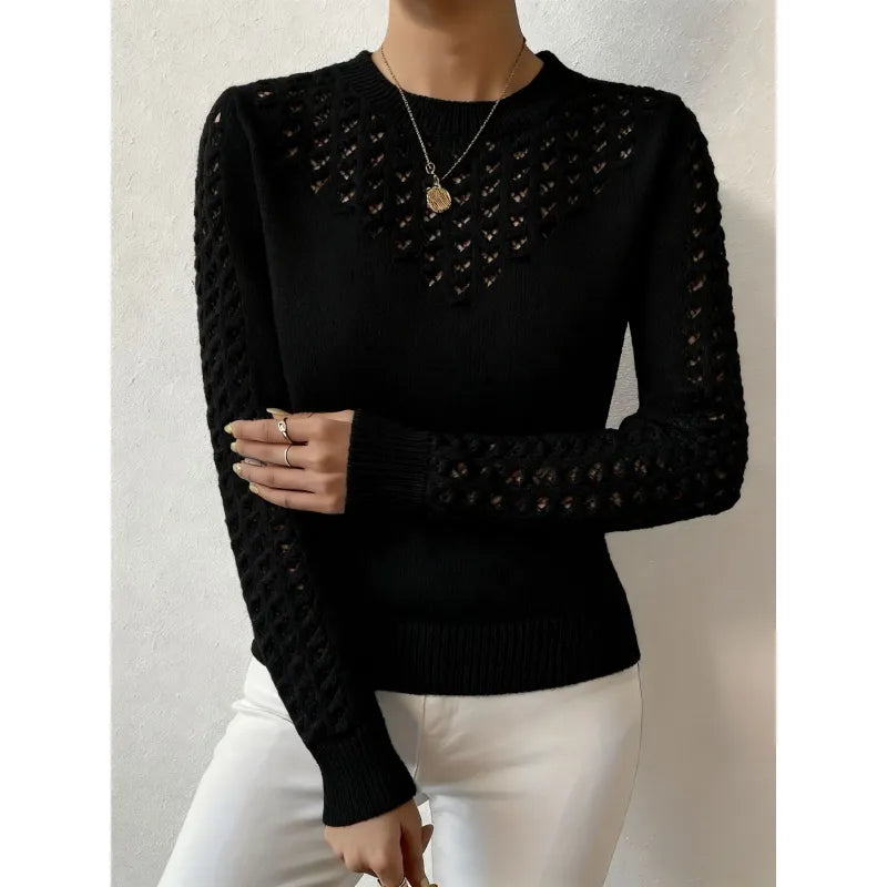 Haut femme ajusté, col rond, manches longues. Ce pull élégant en maille ajourée est parfait pour l'automne.