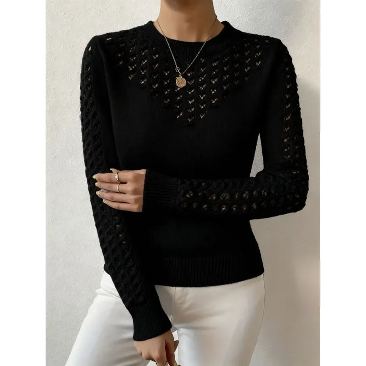 Haut femme ajusté, col rond, manches longues. Ce pull élégant en maille ajourée est parfait pour l'automne.