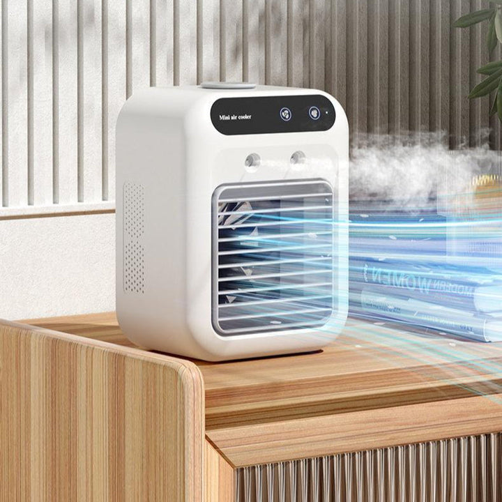 Mini climatiseur portable pour fraîcheur personnelle instantanée. Idéal bureau, chambre, maison. Refroidisseur d'air compact.