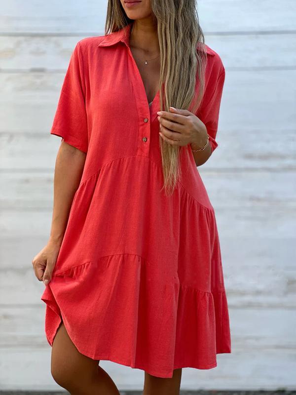 Robe estivale courte femme en lin et coton respirant, coupe ample et col V boutonné. Confort décontracté.