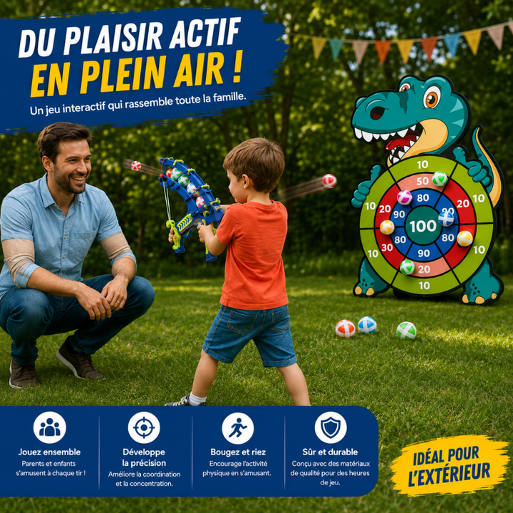 Accessoires JoyStrike: flèches sécurisées à balles adhésives et cible dinosaure colorée.