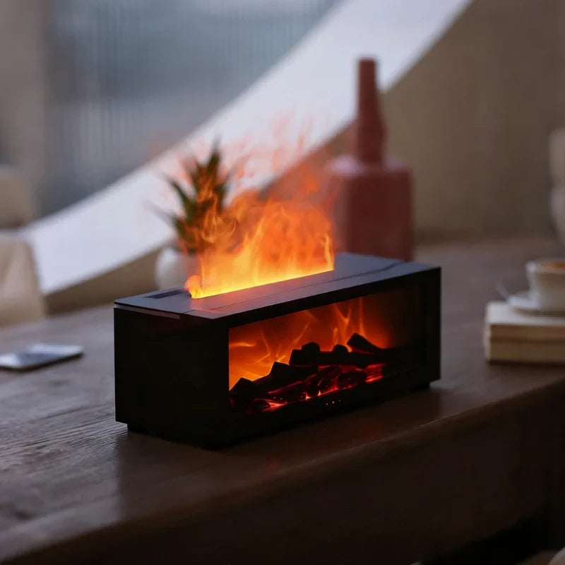 Humidificateur HearthGlow avec effet flamme LED, idéal pour l'ambiance et la relaxation à la maison.
