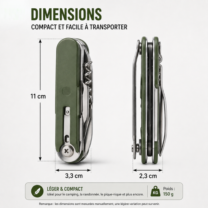 Ustensiles de camping polyvalents, légers et durables, conçus pour l'extérieur et la survie.
