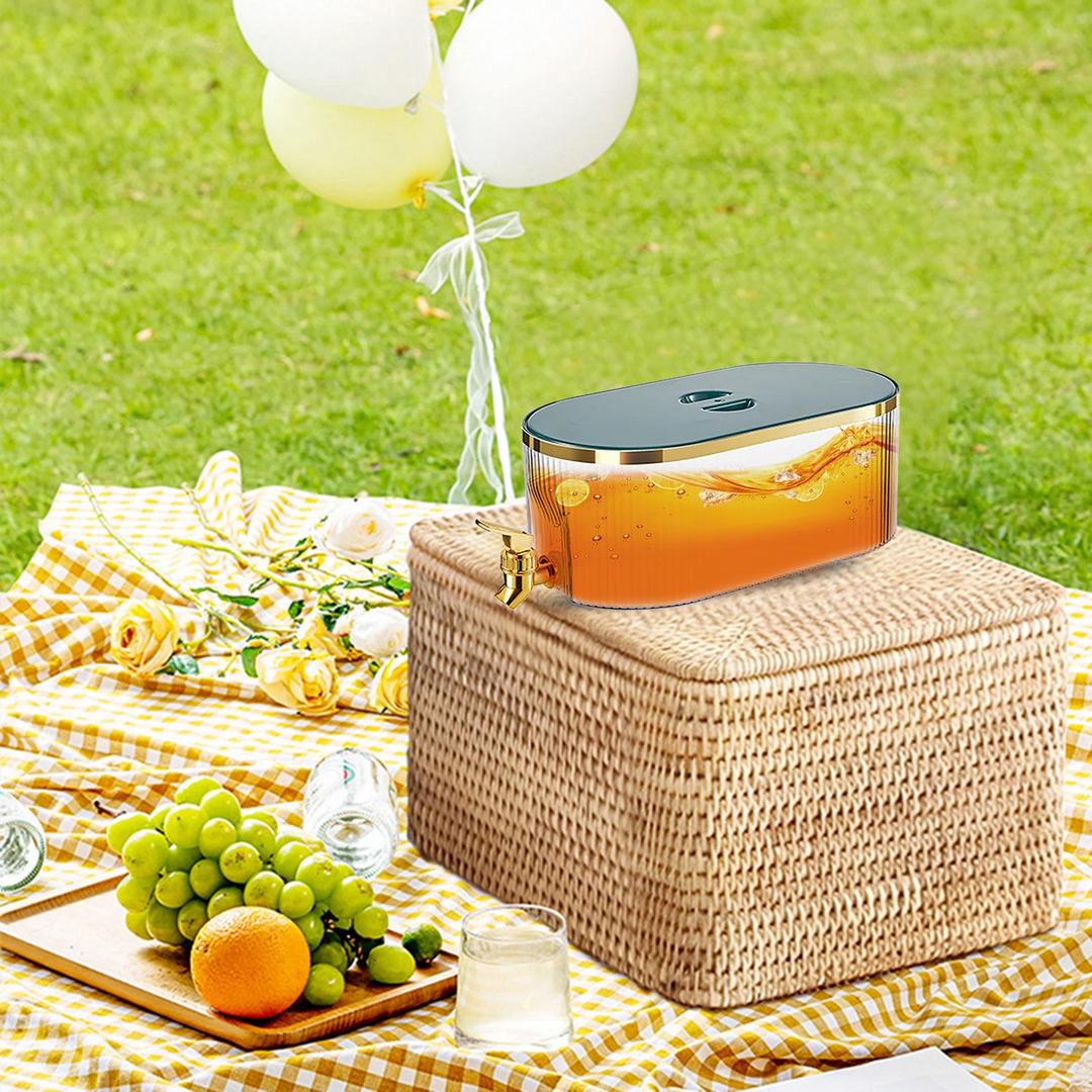 Carafe distributeur pour limonade et thé glacé, parfait pour fêtes, s'adapte au réfrigérateur.