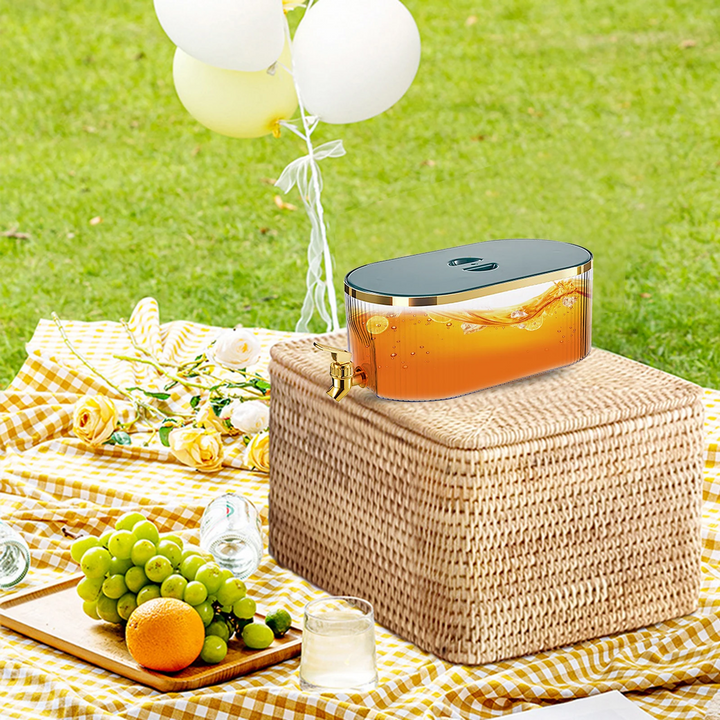 Carafe distributeur pour limonade et thé glacé, parfait pour fêtes, s'adapte au réfrigérateur.