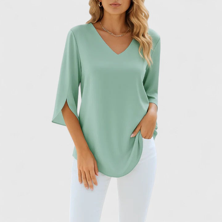 Vêtement femme, blouse élégante et fluide à manches fendues, confortable pour le printemps, l'été et le bureau.