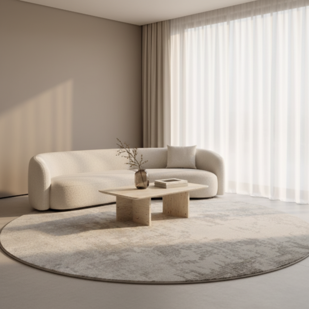 Élégant tapis rond en peluche, style italien, apporte confort, luxe et chaleur à votre maison.