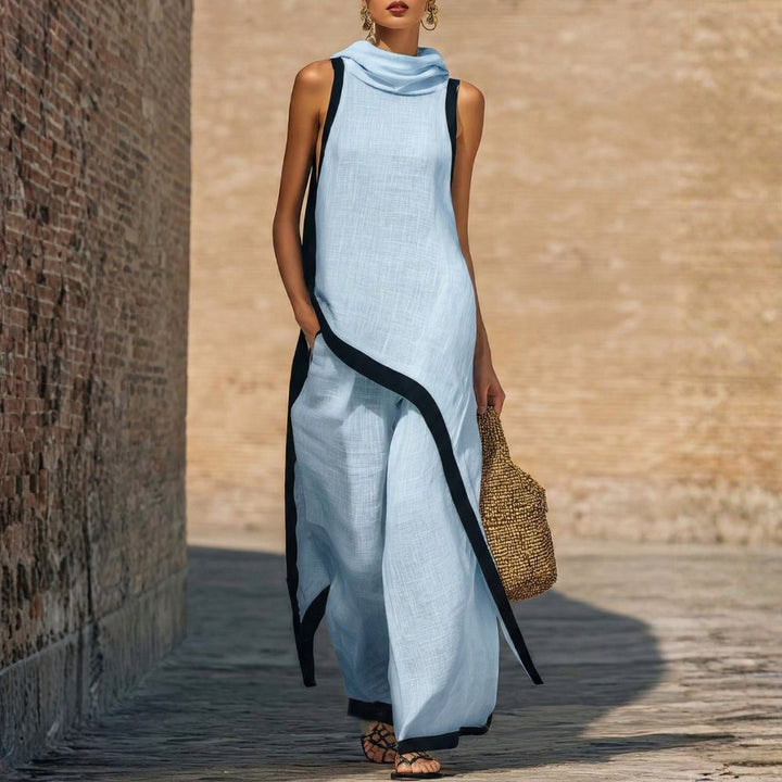 Tenue femme chic et confortable en lin coton, ensemble tunique asymétrique et pantalon large, mode printemps-été.