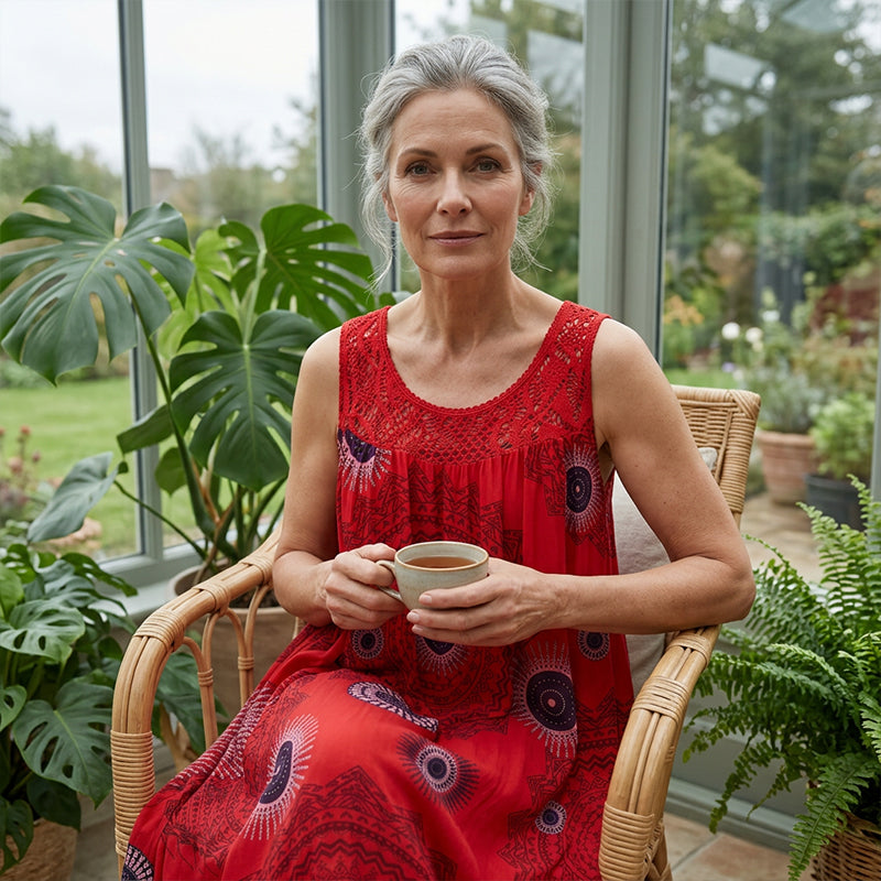 Vêtement femme: robe ample décontractée en polyester imprimé avec bordure dentelle.