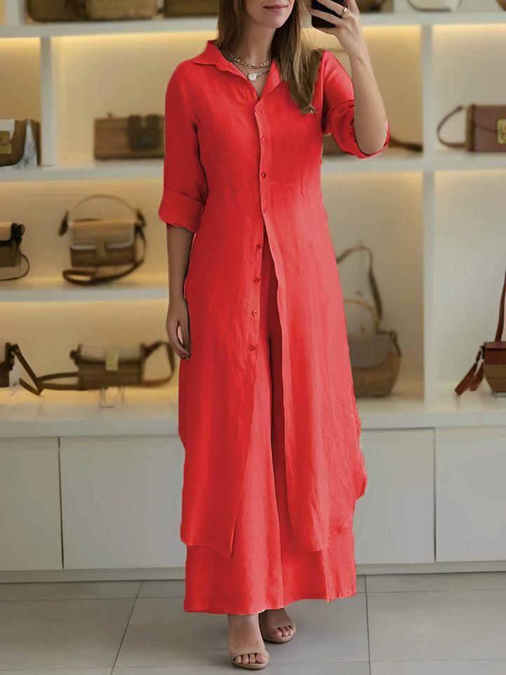 Mode féminine: ensemble coordonné chic, chemisier long et pantalon fluide. Parfait pour une allure élégante.