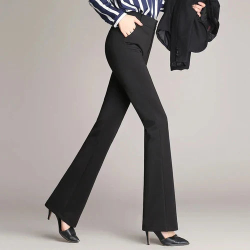 Pantalon évasé taille haute Mila, polyvalent pour femme, noir, allie confort, extensibilité et style chic.