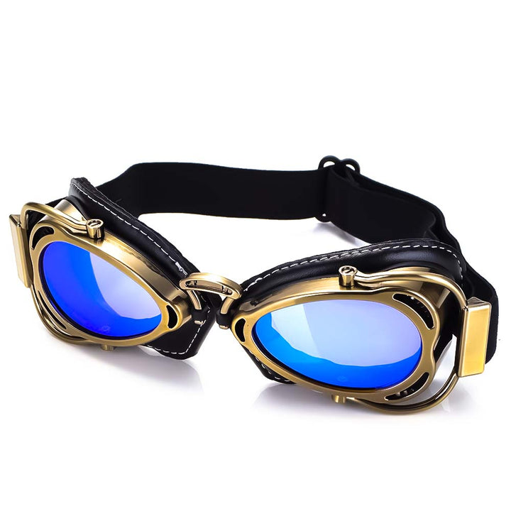 Vue latérale des lunettes moto pliables, style vintage et sangle élastique pour ajustement.