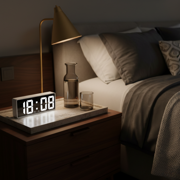 Réveil USB noir, affichage LED de l'heure et de la température, idéal pour table de nuit.
