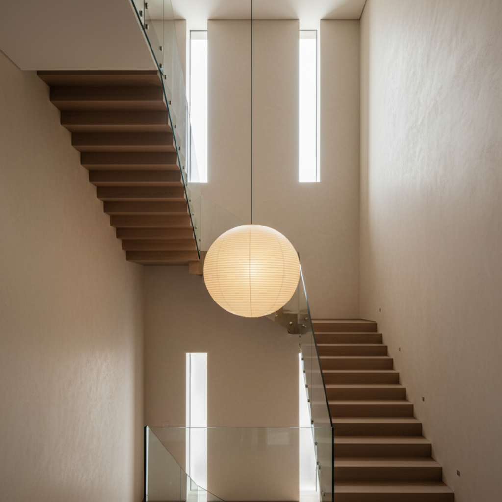 Lampe Akari ronde. Éclairage doux, décoration intérieure minimaliste, esprit zen.