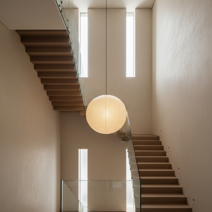 Lampe Akari ronde. Éclairage doux, décoration intérieure minimaliste, esprit zen.