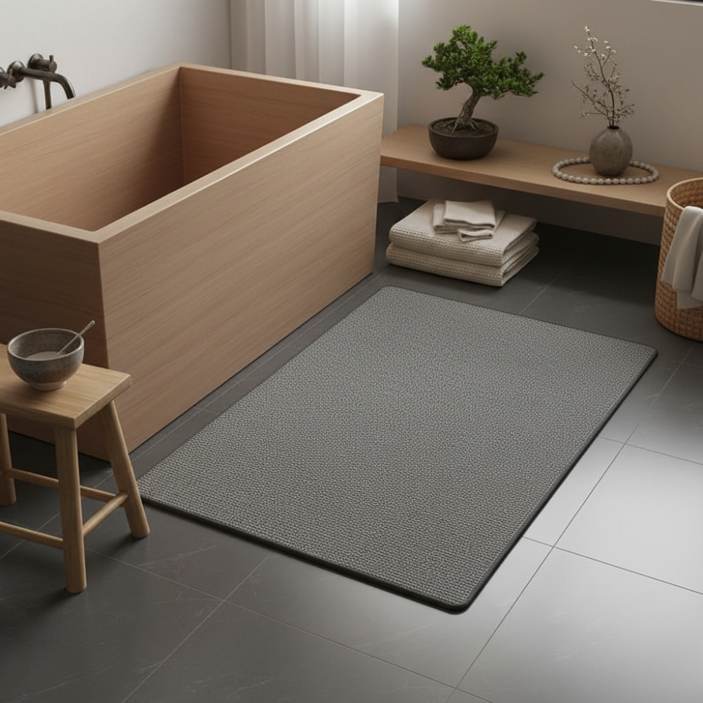 Tapis salle de bain gris, ultra absorbant et sécurisé, idéal pour prévenir les glissades après la douche.