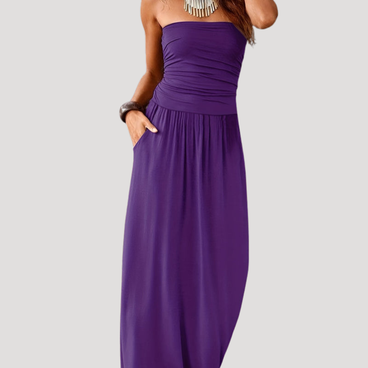 Robe longue polyvalente à bustier froncé, élégante et fluide pour femme, parfaite pour été et occasions.