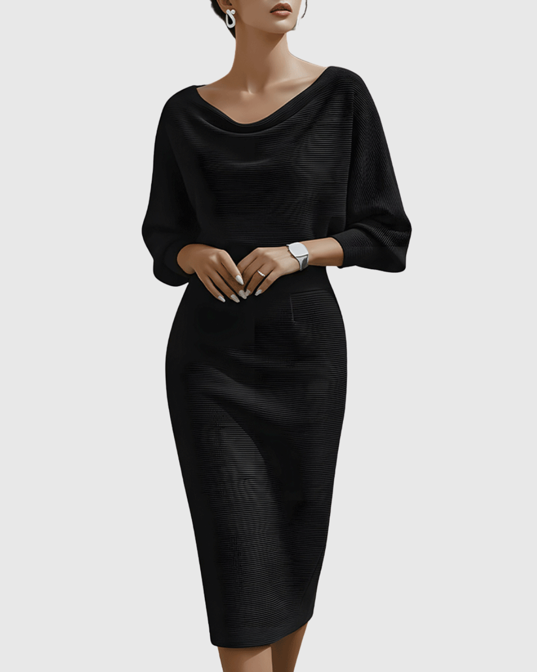 Robe midi femme élégante drapée, parfaite pour soirée ou occasion spéciale. Style chic et fluide, très tendance.