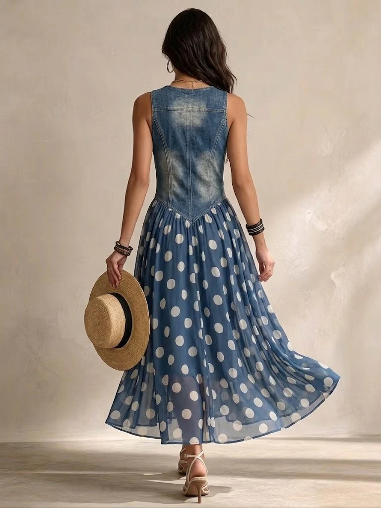 Robe femme longue fluide effet denim et jupe à pois, parfaite pour un look décontracté chic printanier.
