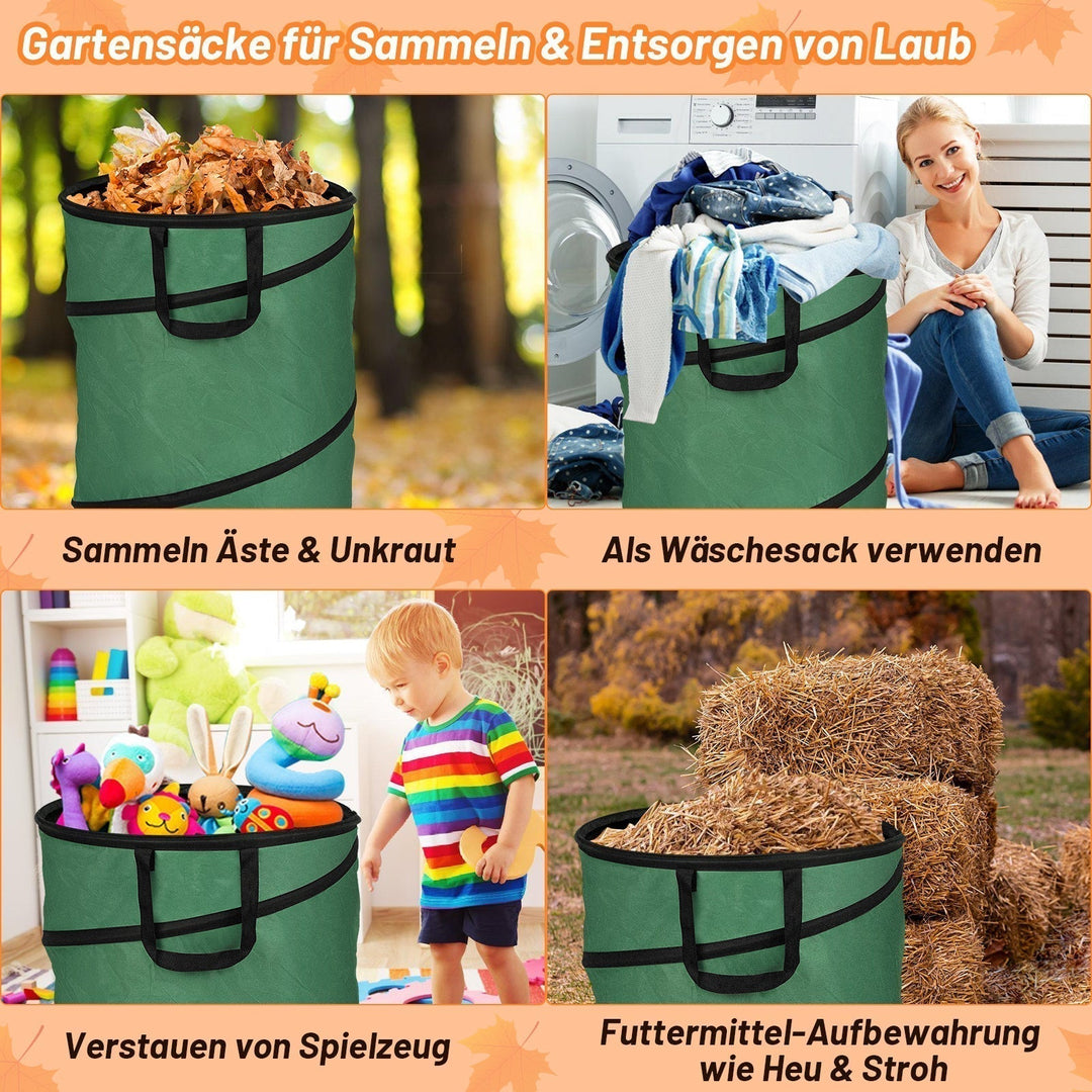 Deux sacs de jardin pop-up 170L autoportants pour collecter efficacement les feuilles mortes et l'herbe coupée.