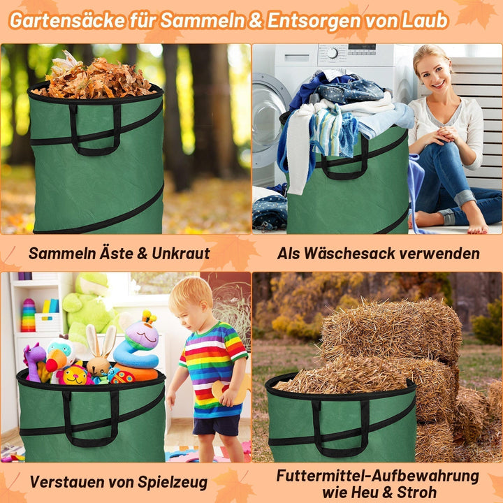 Deux sacs de jardin pop-up 170L autoportants pour collecter efficacement les feuilles mortes et l'herbe coupée.