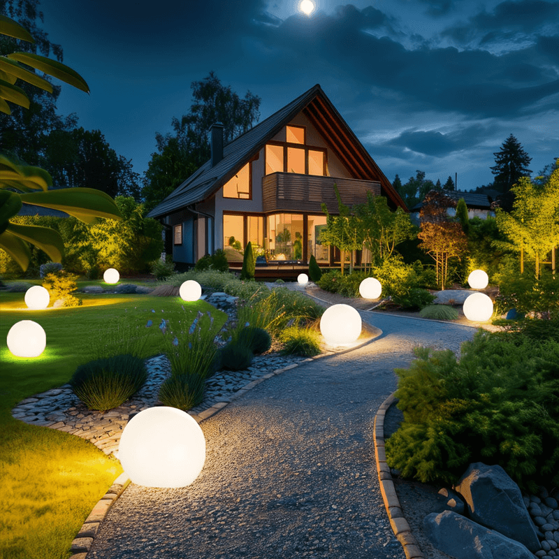 Lampe solaire de jardin LED, forme sphérique moderne, parfaite pour l'éclairage et l'ambiance extérieure.