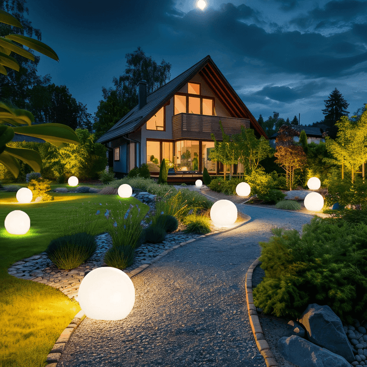 Lampe solaire de jardin LED, forme sphérique moderne, parfaite pour l'éclairage et l'ambiance extérieure.