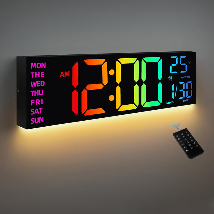 Horloge murale numérique LED moderne, grand écran multicolore, affiche heure, date, température.