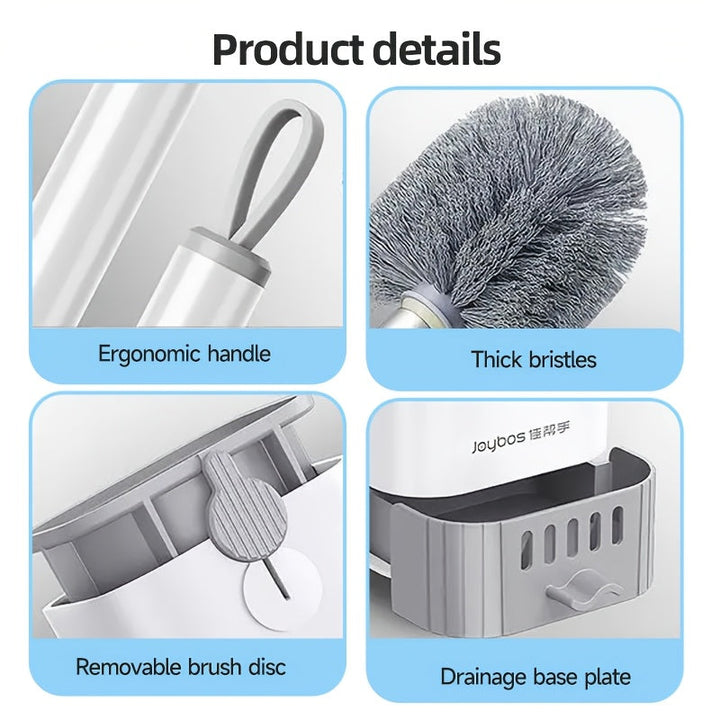 Brosse de toilette grise design avec long manche et support discret sans perçage pour WC modernes.