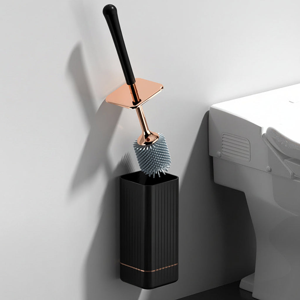 Brosse de nettoyage WC en silicone, support discret, pour un entretien facile et une hygiène impeccable.