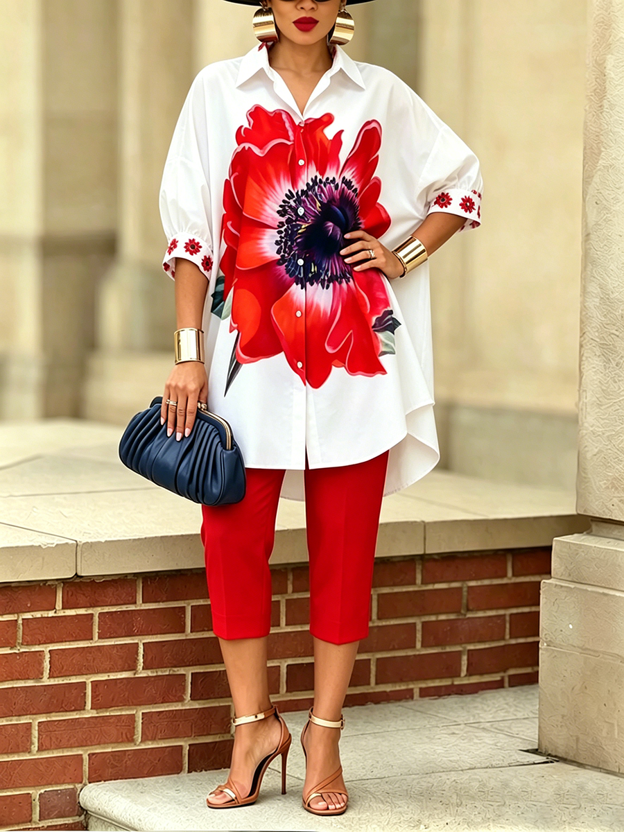 Chemise femme à imprimé floral artistique vibrant, vêtement élégant et tendance pour printemps-été bohème.