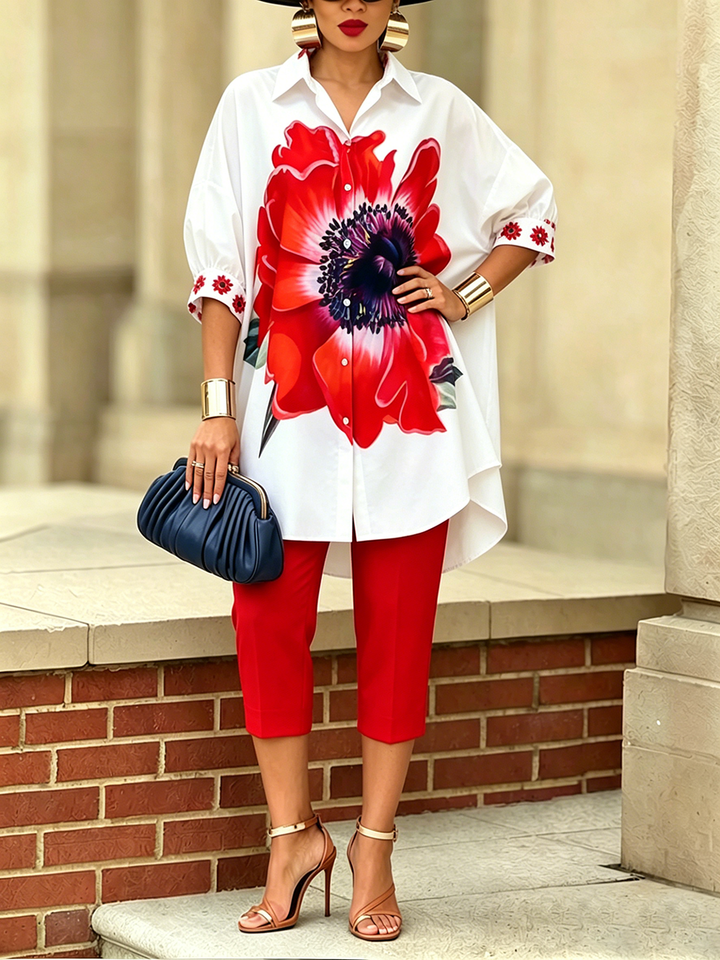 Chemise femme à imprimé floral artistique vibrant, vêtement élégant et tendance pour printemps-été bohème.